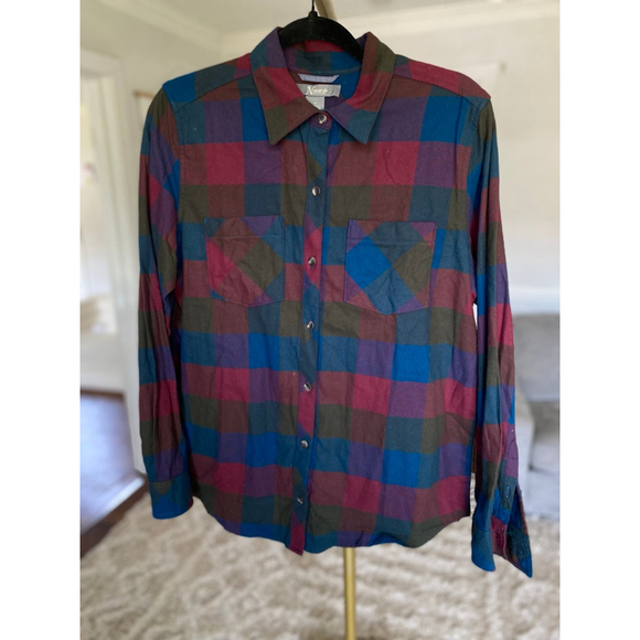 Natural Reflections Plaid Cotton Button-Up Shirt Burgundy Blue Olive Autumn Boho - Picture 2 of 8